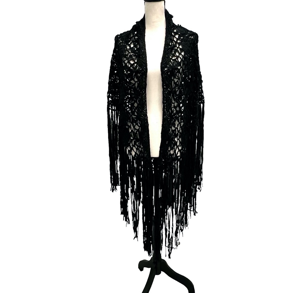ELIZABETH GILLETT NYC BLACK WOVEN RIBBON FLORAL WRAP/SCARF WITH FRINGE